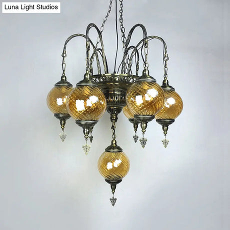 Vintage Amber Swirl Glass Globe Chandelier - Coffee House Pendant Light Fixture