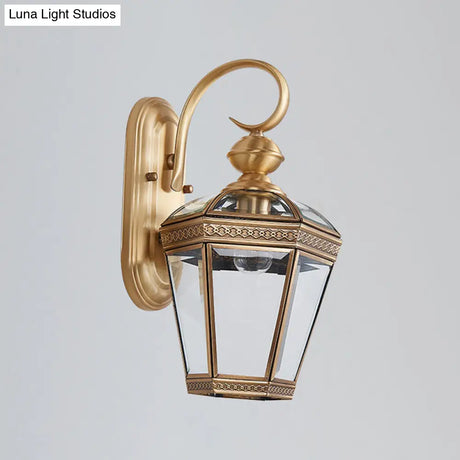 Vintage Antique Brass Wall Sconce Light With Transparent Glass - 1-Light Tapered Lamp For Outdoor