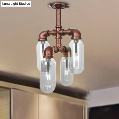 Vintage Antique Copper Sputnik Semi Flush Light With Clear Glass - 4/6 Dining Room Ceilng Fixture