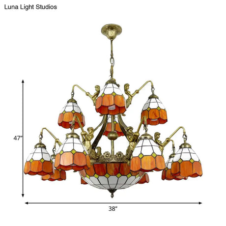 Vintage Art Glass Tiffany Chandelier - Orange Dome Hotel Lighting For Hallways