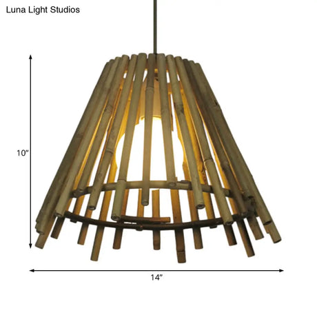 Vintage Bamboo Cone Ceiling Light With Led Bulb & Adjustable Cord