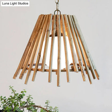 Vintage Bamboo Cone Ceiling Light With Led Bulb & Adjustable Cord