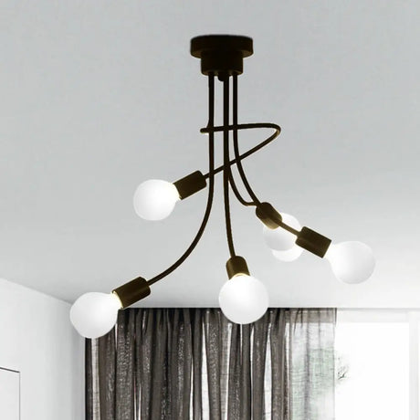 Vintage Bare Bulb Ceiling Light - Black/Gold Metallic Semi Flush With Curved Arm For Bedroom Black