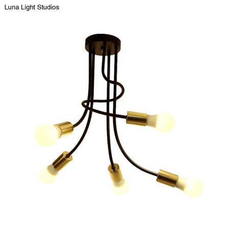 Vintage Bare Bulb Ceiling Light - Black/Gold Metallic Semi Flush With Curved Arm For Bedroom