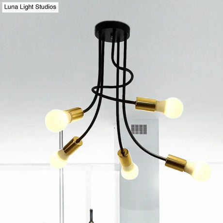 Vintage Bare Bulb Ceiling Light - Black/Gold Metallic Semi Flush With Curved Arm For Bedroom