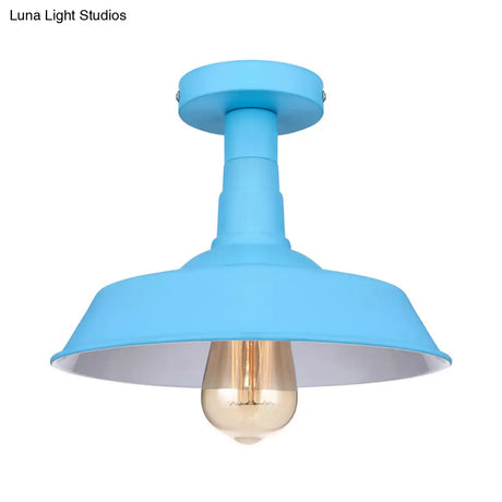 Vintage Barn Semi Flush Mount Ceiling Light In Blue/Green - 1 Metal Lighting For Corridor
