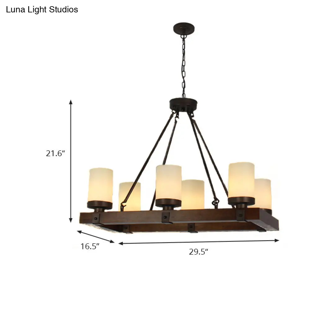 Vintage Beige Glass Island Light With Wood Base - Cylinder Dining Room Ceiling 6/8 Lights