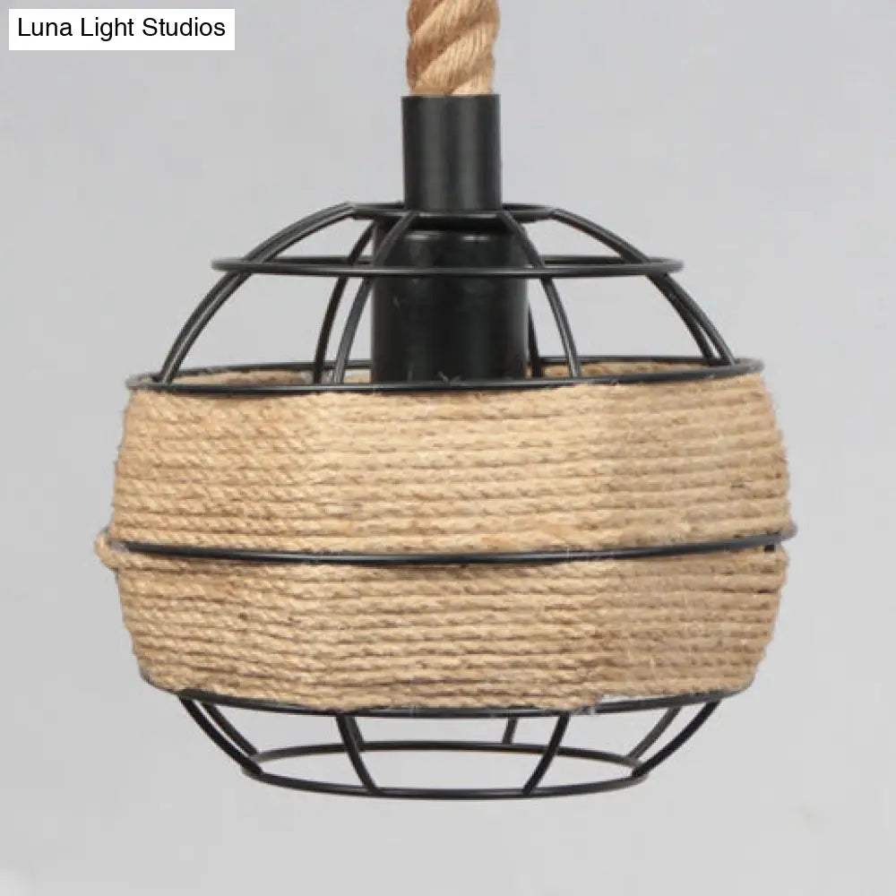Vintage Beige Pendant Light With Wire Cage Shade – Rustic Metal And Rope Design Ideal For Indoor
