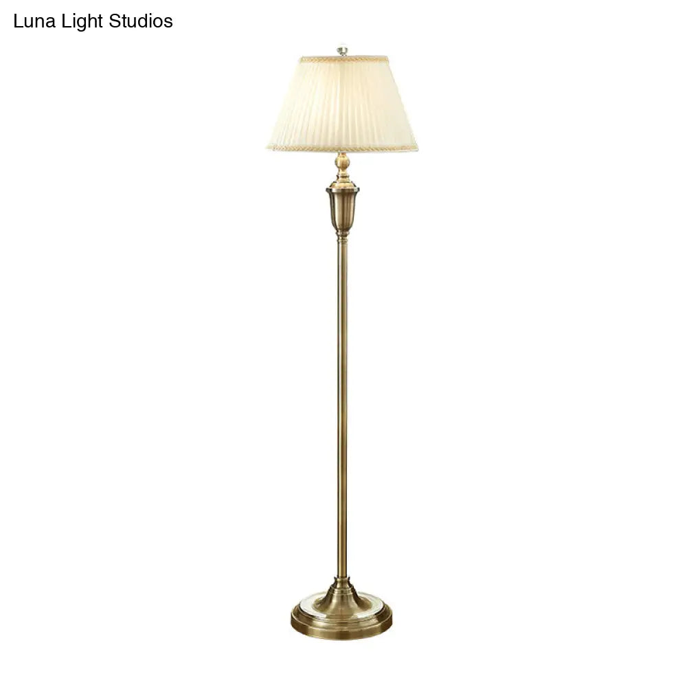 Vintage Beige Pleated Fabric Floor Lamp: Single-Bulb Empire Shade For Living Room