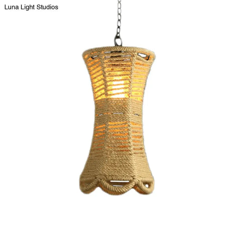 Vintage Beige Radian Pendant Lamp: Hand-Woven 1-Head Restaurant Hanging Light Fixture With Rope