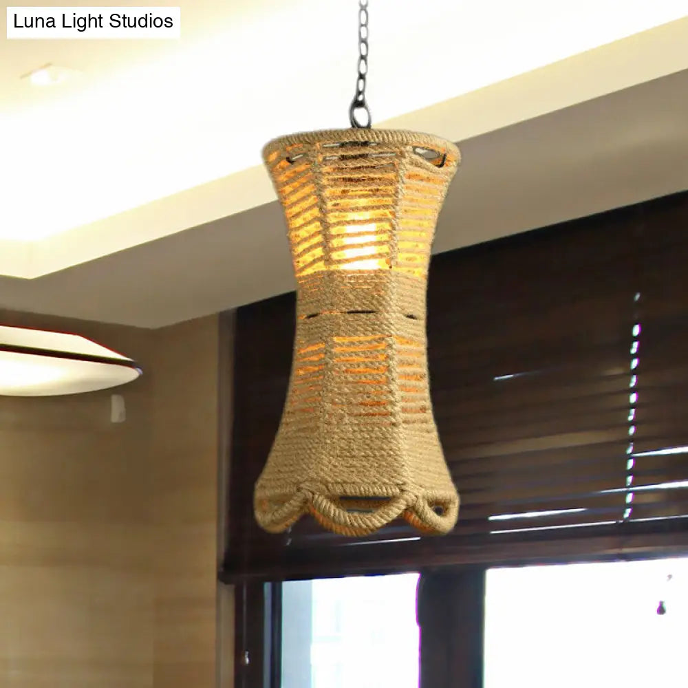 Beige Radian Pendant Lamp With Vintage Rope - Hand-Woven Hanging Light Fixture For Restaurants