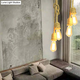 Vintage Beige Rope Pendant Lamp With Exposed Bulbs - 2-Light Cluster For Living Room