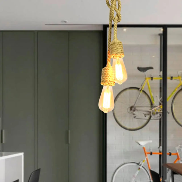 Vintage Beige Rope Pendant Lamp With Exposed Bulbs - 2-Light Cluster For Living Room