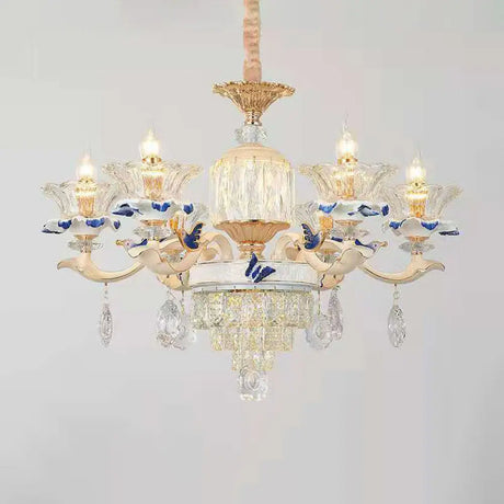 Vintage Beige Ruffle Floral Chandelier Light With Crystal Accent - Faceted Glass For Living Room 6 /