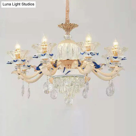 Vintage Beige Ruffle Floral Chandelier Light With Crystal Accent - Faceted Glass For Living Room