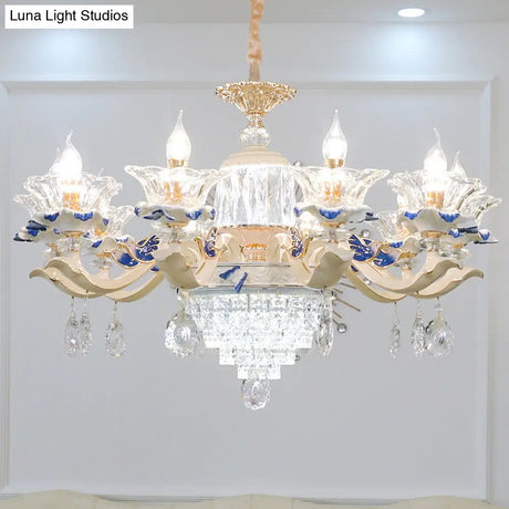 Vintage Beige Ruffle Floral Chandelier Light With Crystal Accent - Faceted Glass For Living Room