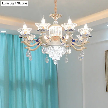 Vintage Beige Ruffle Floral Chandelier Light With Crystal Accent - Faceted Glass For Living Room