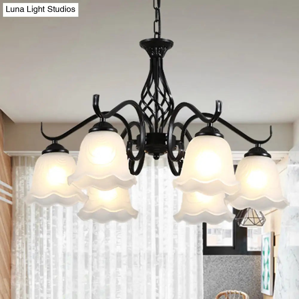 Vintage Bell Chandelier With Ruffle Glass Pendant Light Fixture For Dining Room