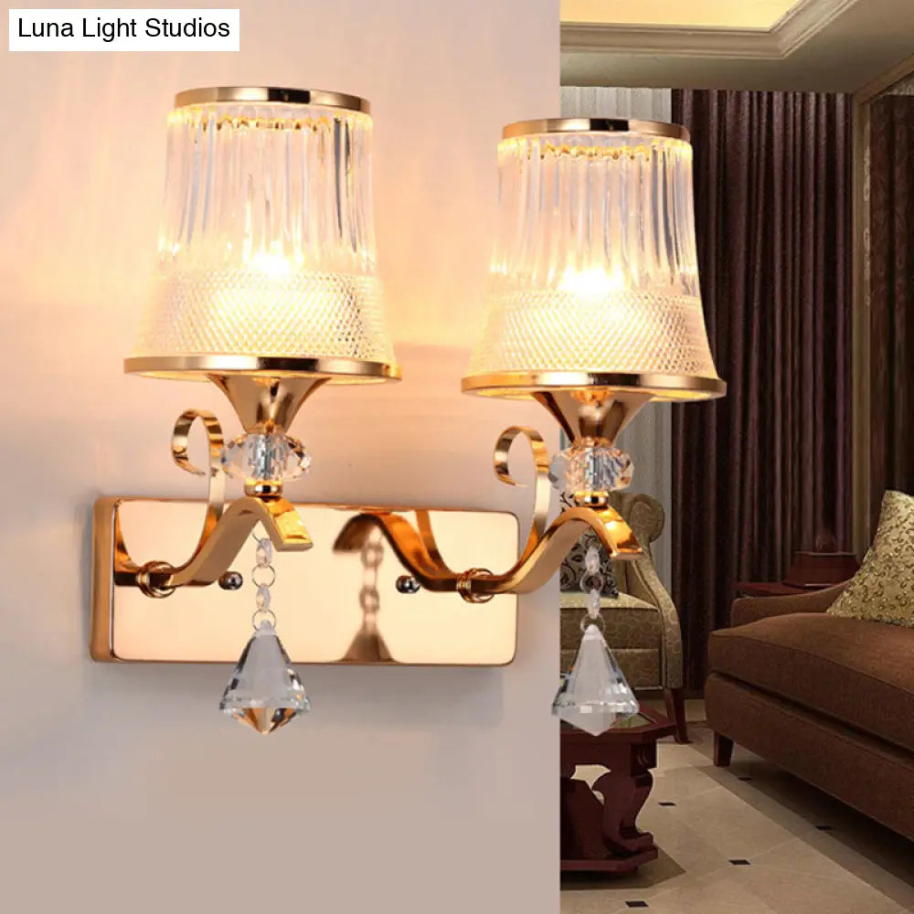 Vintage Bell Sconce Light Fixture Clear Glass Gold Finish Crystal Accent 2 Lights Bedroom Wall Lamp