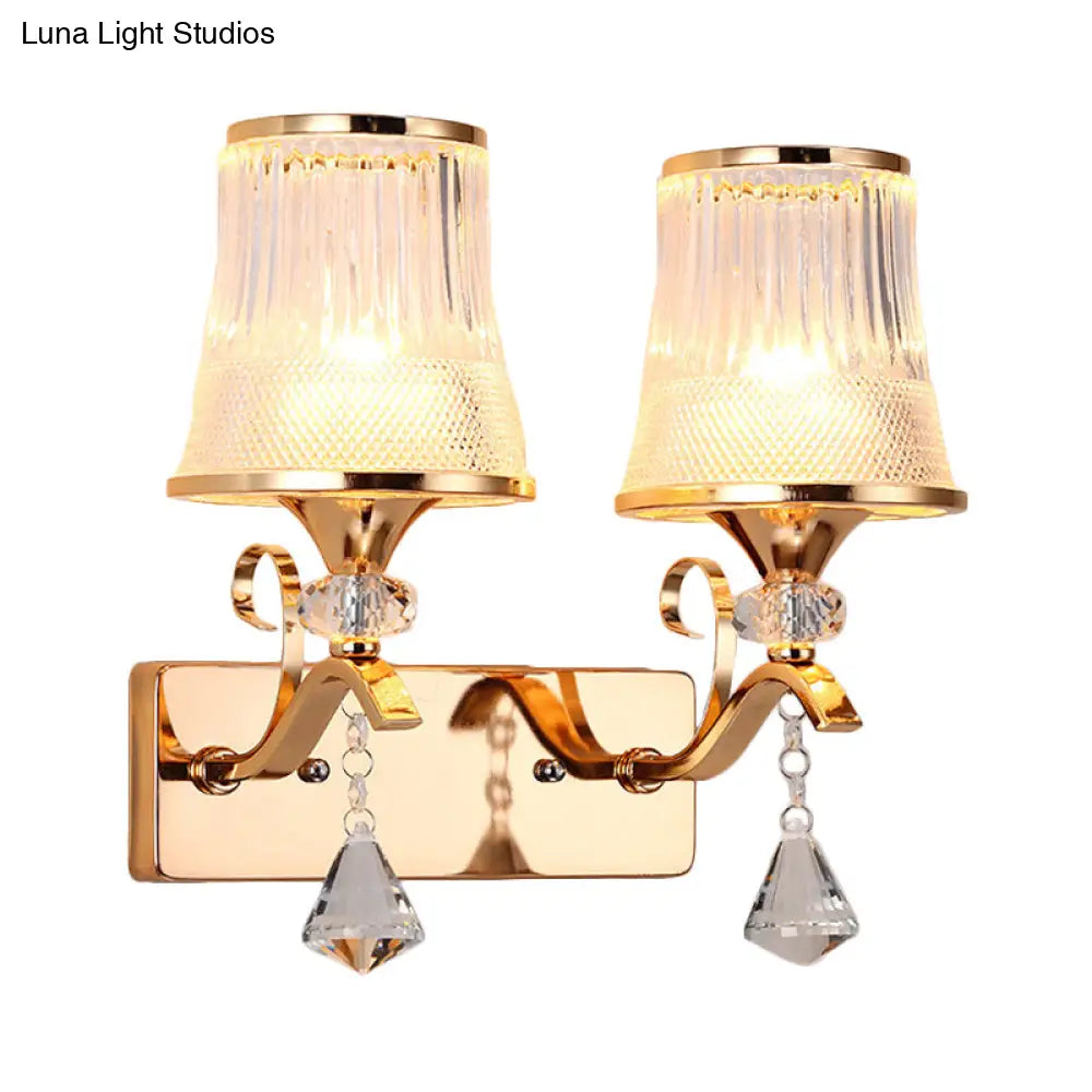 Vintage Bell Sconce Light Fixture Clear Glass Gold Finish Crystal Accent 2 Lights Bedroom Wall Lamp