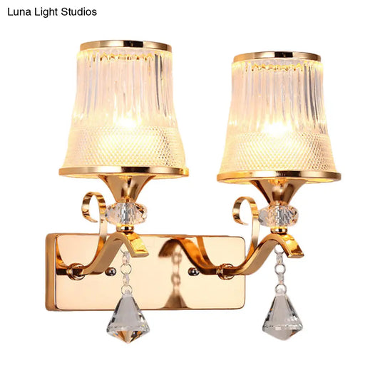 Vintage Bell Sconce Light Fixture Clear Glass Gold Finish Crystal Accent 2 Lights Bedroom Wall Lamp