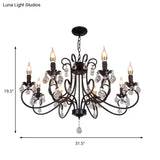 Vintage Bent Arm Frame Ceiling Light - 6/8 Black Lights With Crystal Drop For Living Room