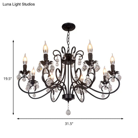 Vintage Bent Arm Frame Ceiling Light - 6/8 Black Lights With Crystal Drop For Living Room