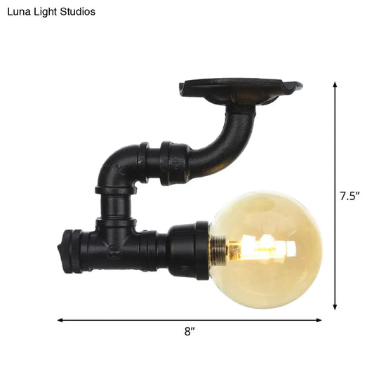Vintage Black 1-Light Ball Semi Flush Mount Ceiling Lamp With Amber Glass Finish