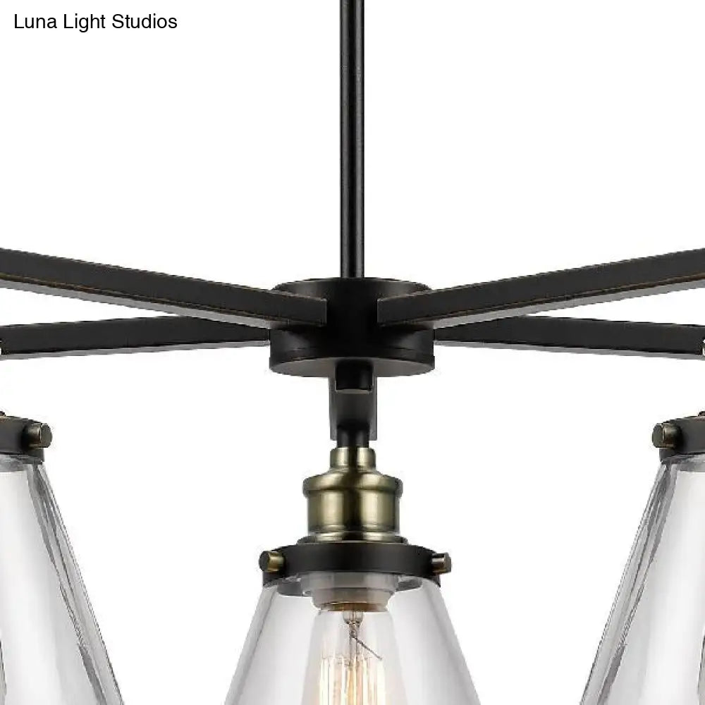 Vintage Black 5-Light Chandelier Pendant With Clear Glass Cone Shades For Dining Room Lighting