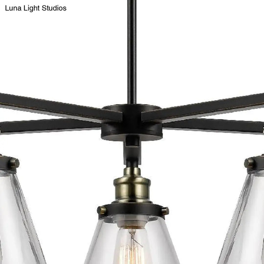 Vintage Black 5-Light Chandelier Pendant With Clear Glass Cone Shades For Dining Room Lighting