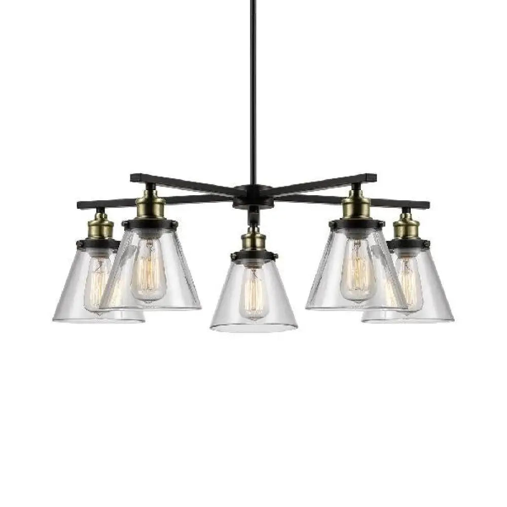 Vintage Black 5-Light Chandelier Pendant With Clear Glass Cone Shades For Dining Room Lighting
