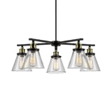 Vintage Black 5-Light Chandelier Pendant With Clear Glass Cone Shades For Dining Room Lighting