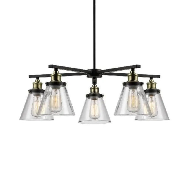 Vintage Black 5-Light Chandelier Pendant With Clear Glass Cone Shades For Dining Room Lighting