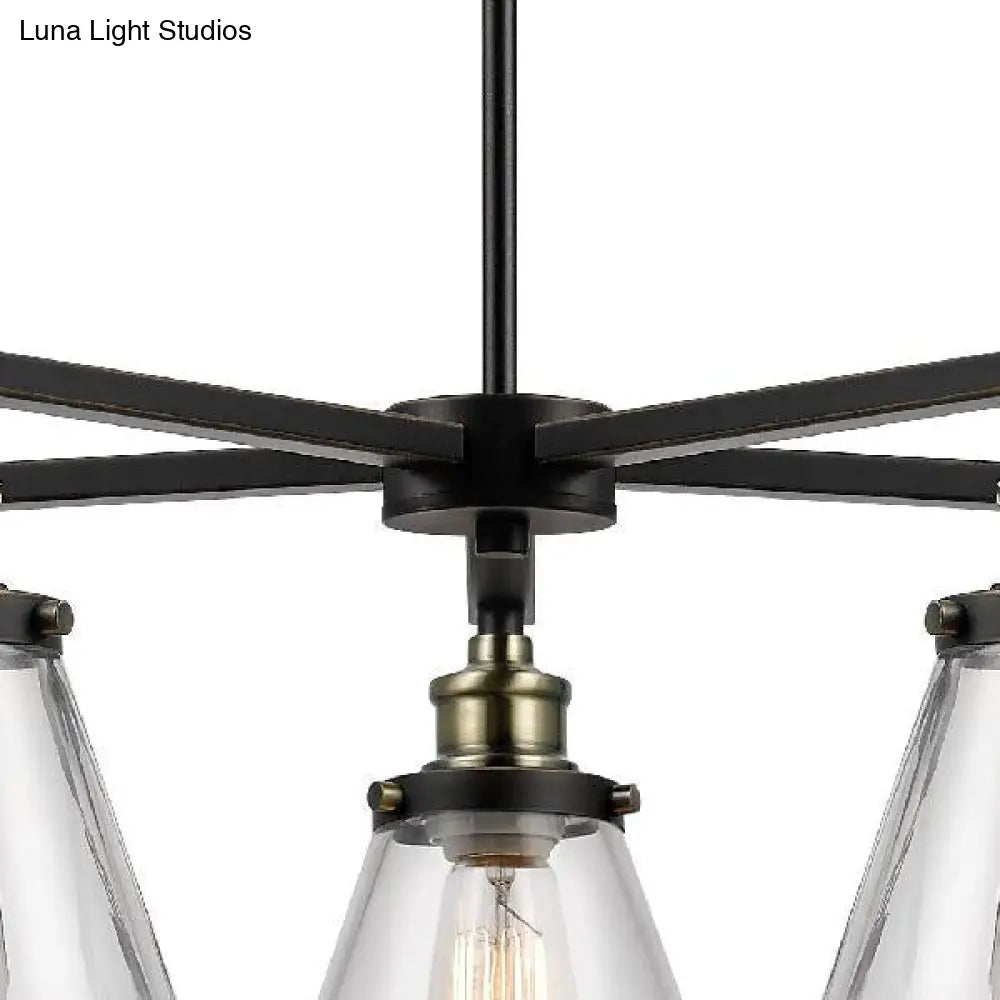 Vintage 5-Light Cone Shade Chandelier: Clear Glass Pendant Lighting For Dining Room Black Finish