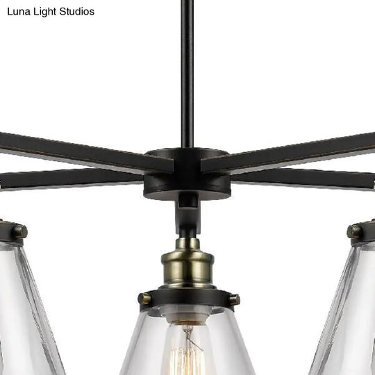 Vintage 5-Light Cone Shade Chandelier: Clear Glass Pendant Lighting For Dining Room Black Finish