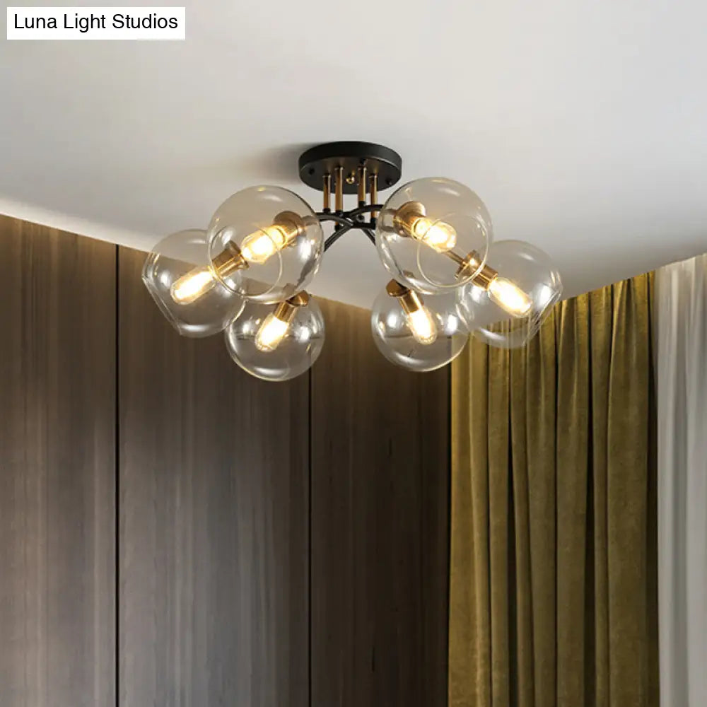 Vintage Black 6 - Head Hotel Ceiling Light With Orb Smoke/Clear Glass Shade