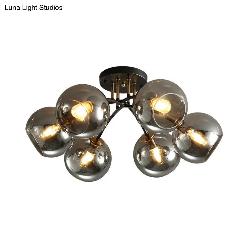 Vintage Black 6 - Head Hotel Ceiling Light With Orb Smoke/Clear Glass Shade