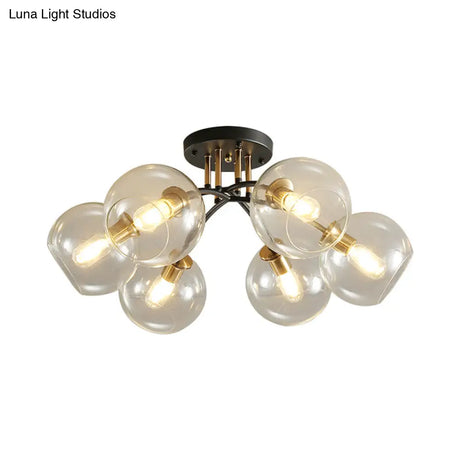 6-Head Vintage Black Semi Flush Mount Ceiling Lighting With Orb Smoke/Clear Glass Shade At 6 Heads