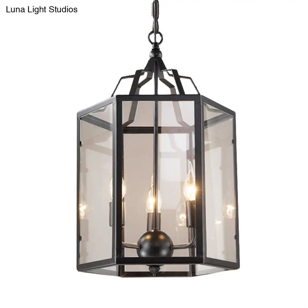 Vintage Black And White Hanging Chandelier - 3-Light Clear Glass Candle Pendant Fixture