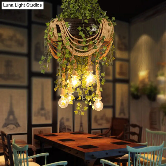 Vintage Black Hemp Rope Chandelier With 6 Bare Bulb Lights For Restaurant Plant Décor