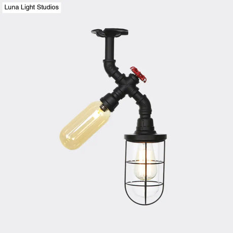 Vintage Black Ceiling Mounted Light With Clear Glass Orb And Cage For Corridors (2 Lights)