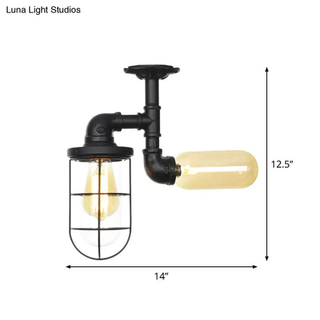Vintage Black Ceiling Mounted Light With Clear Glass Orb And Cage For Corridors (2 Lights)