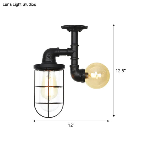Vintage Black Ceiling Mounted Light With Clear Glass Orb And Cage For Corridors (2 Lights)