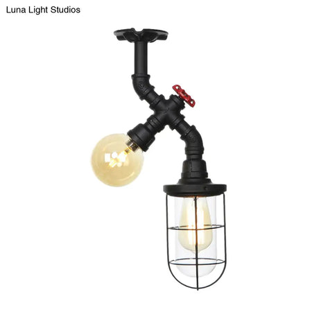 Vintage Black Ceiling Mounted Light With Clear Glass Orb And Cage For Corridors (2 Lights)