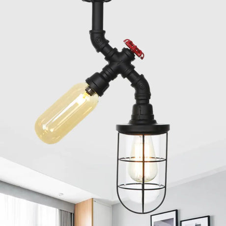 Vintage Black Ceiling Mounted Light With Clear Glass Orb And Cage For Corridors (2 Lights) / C