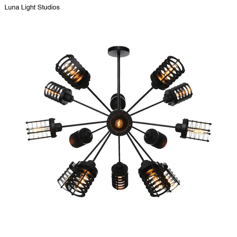 Vintage Black Chandelier Light: Starburst Metal With 9/12/15 Heads & Cylinder Frame Shade For