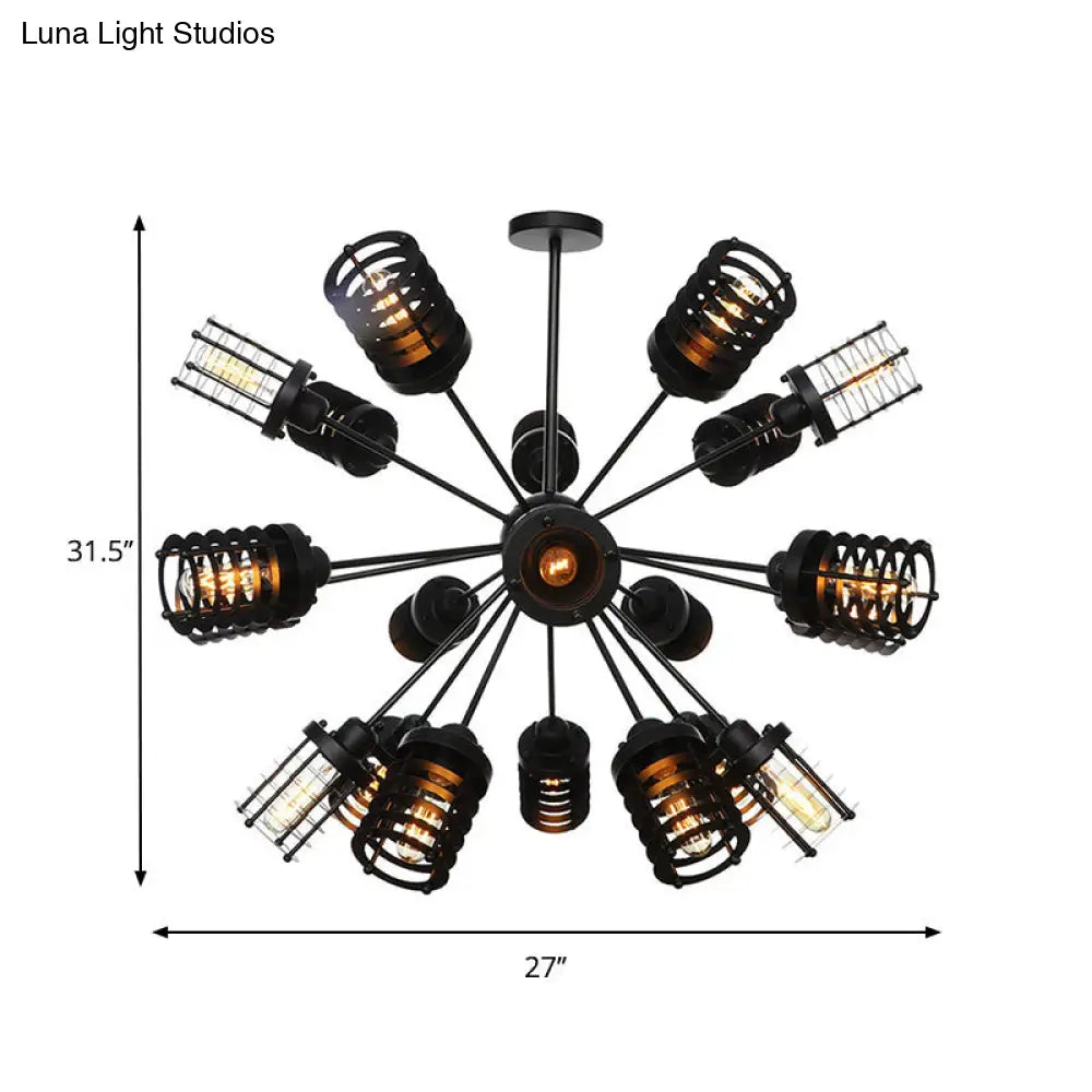 Vintage Hanging Starburst Chandelier Light With Cylinder Frame Shade - 9/12/15 Metal Heads In Black