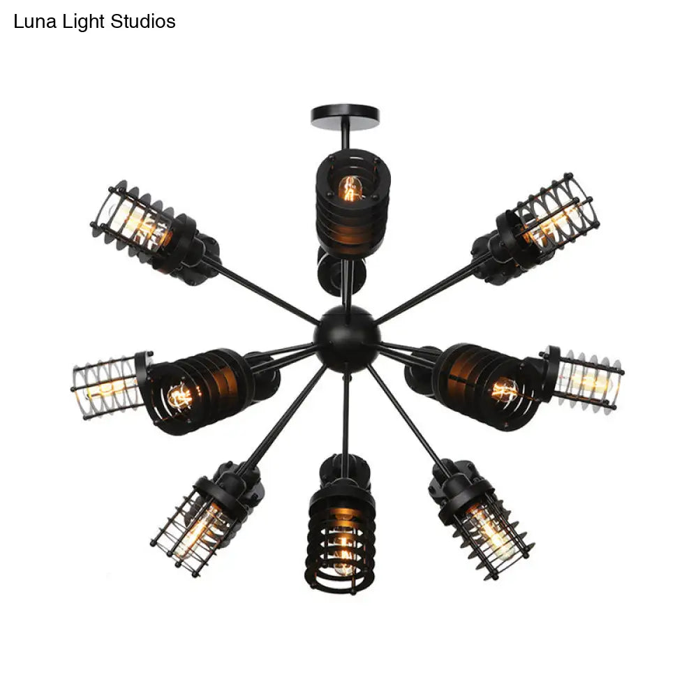 Vintage Black Chandelier Light: Starburst Metal With 9/12/15 Heads & Cylinder Frame Shade For