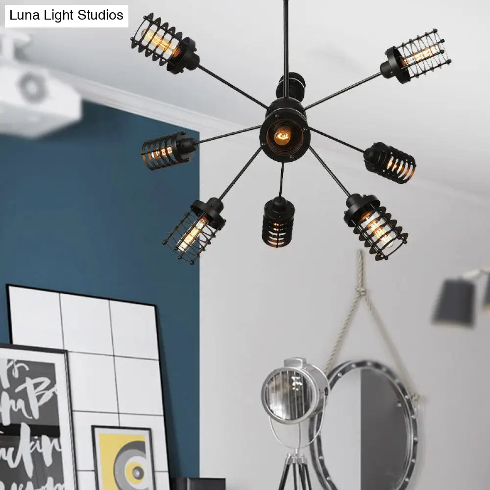 Vintage Black Chandelier Light: Starburst Metal With 9/12/15 Heads & Cylinder Frame Shade For