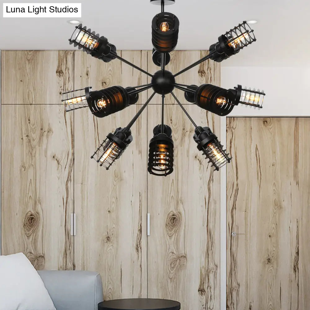 Vintage Black Chandelier Light: Starburst Metal With 9/12/15 Heads & Cylinder Frame Shade For